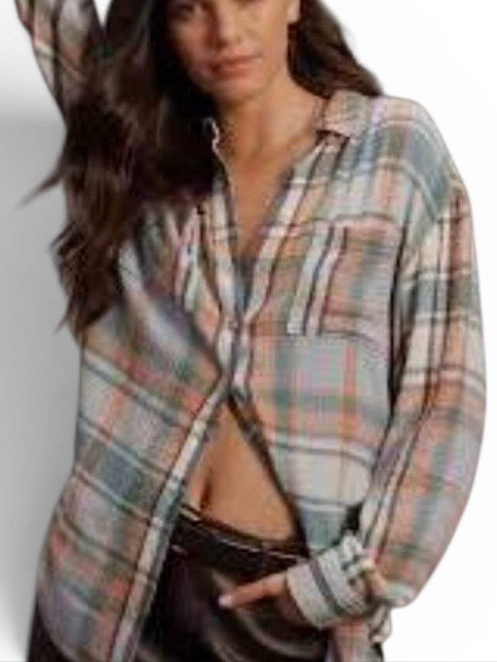 PILCRO Hadley Plaid Oversized Button Down Long Sleeve Shirt -Medium